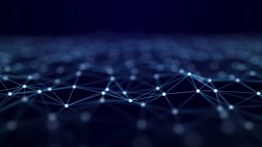Abstract digital network illustrating AI-powered data analysis and connected insights.