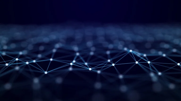 Abstract digital network illustrating AI-powered data analysis and connected insights.