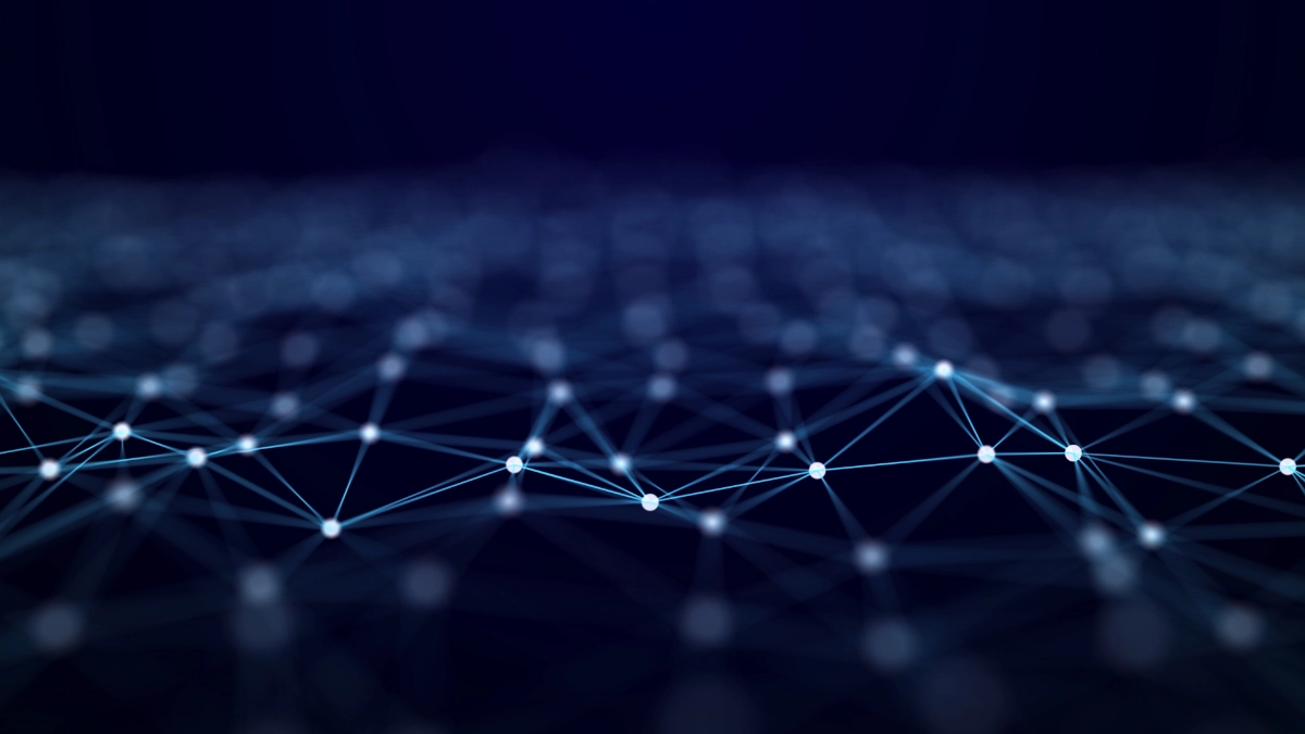 Abstract digital network illustrating AI-powered data analysis and connected insights.